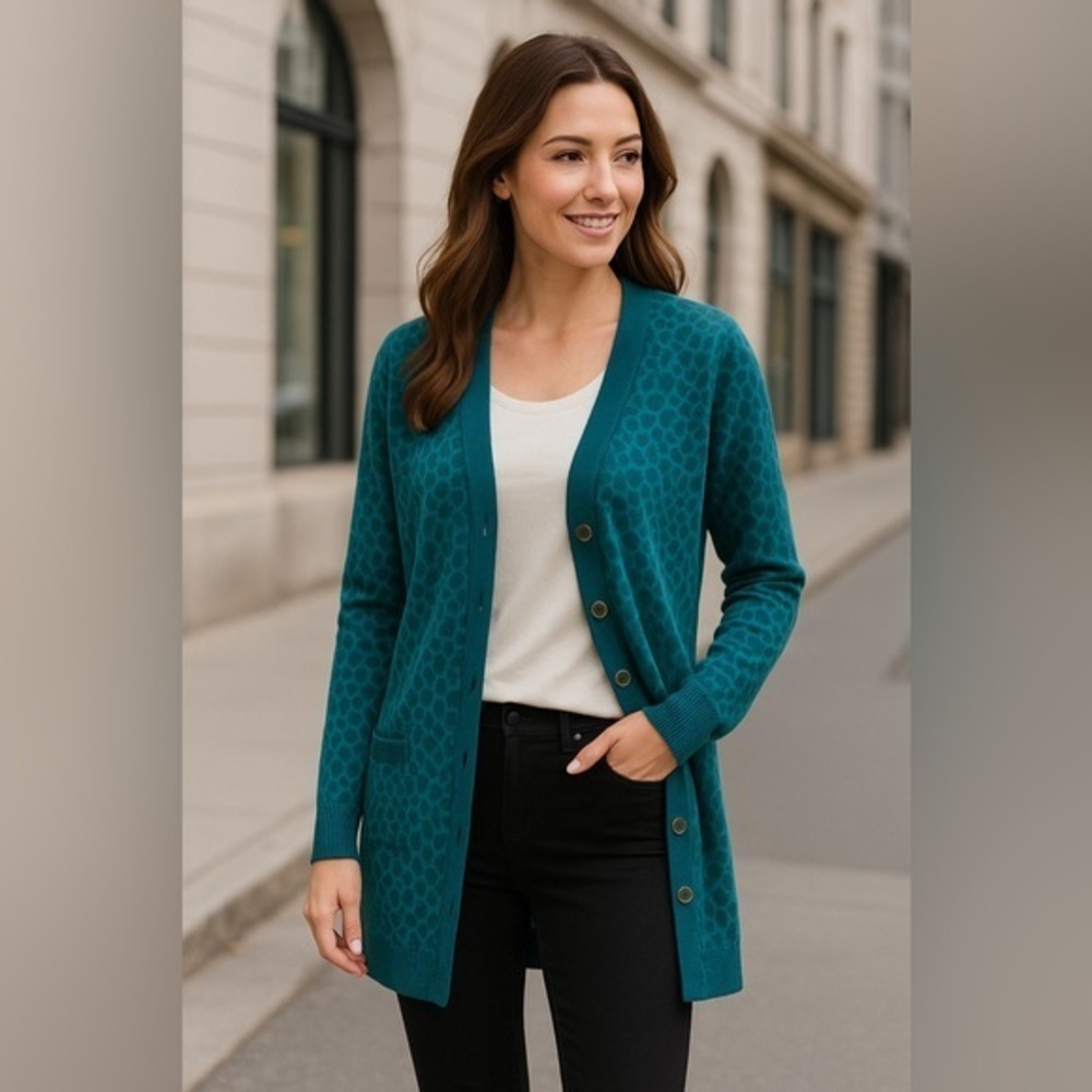 Teal Statement Casual Luxe Jacquard Snake Print Cardigan Sweater NWT S #830